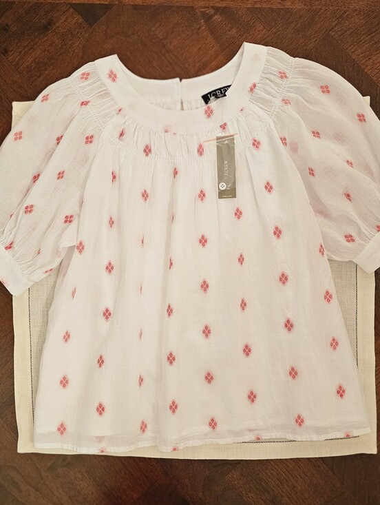 J. Crew Tops - J.Crew Womens White Gauzy Top Smocked Neck Short Sleeve Red Embroidered Dots XXS